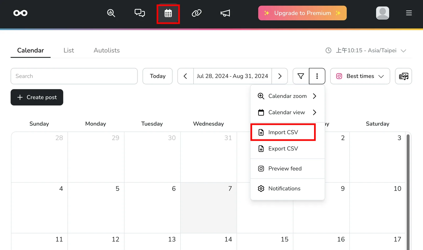 Metricool Plan 頁面中的 Import CSV 入口