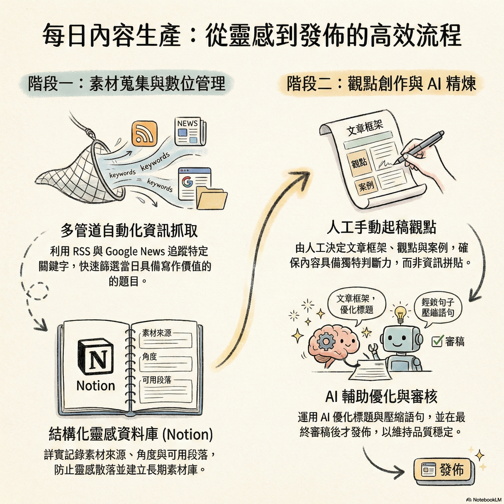 每天內容生產流程:從 RSS 與 Google News 蒐題,到 Notion 收題、人工起稿、AI 編修與發布
