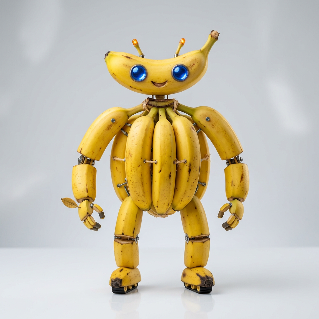 Nano Banana 2 用 Kie AI 生成的示範圖:香蕉機器人棚拍風格