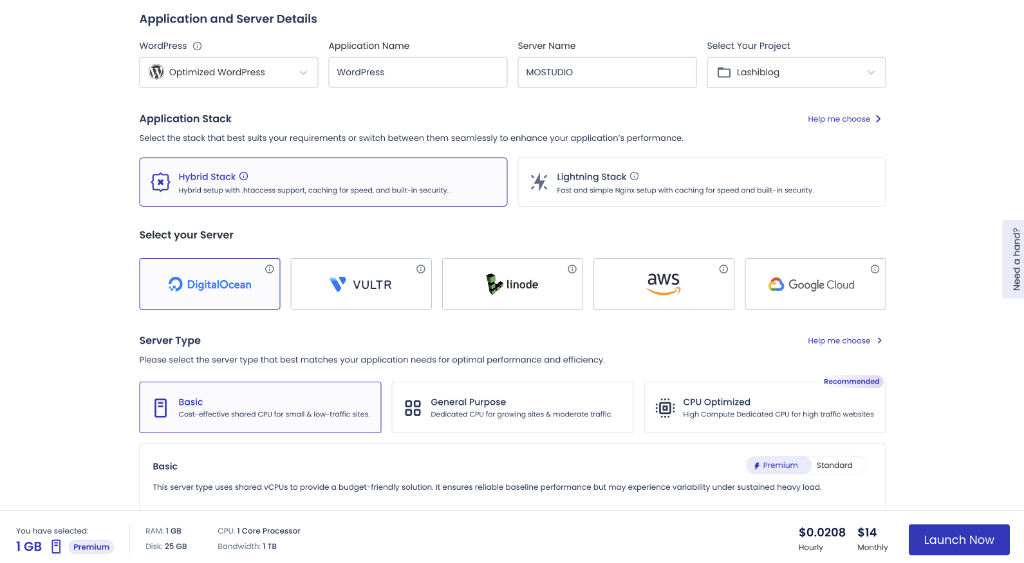 Cloudways 安裝 WordPress 的操作畫面(示意)