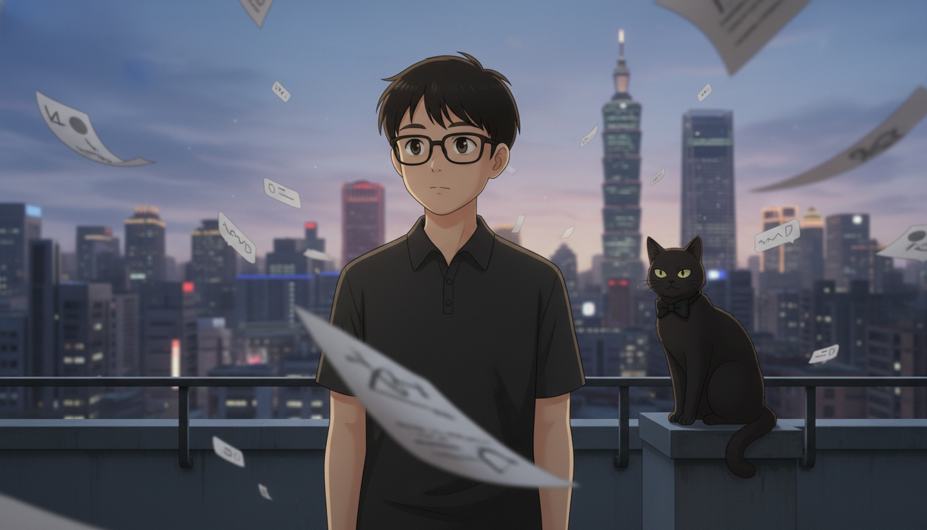 瘦桑品牌風格插圖：戴眼鏡的男主角和黑貓站在台北屋頂上，逆風中紙張與評論訊號四散飛舞，象徵黑粉、逆風與注意力同時湧來